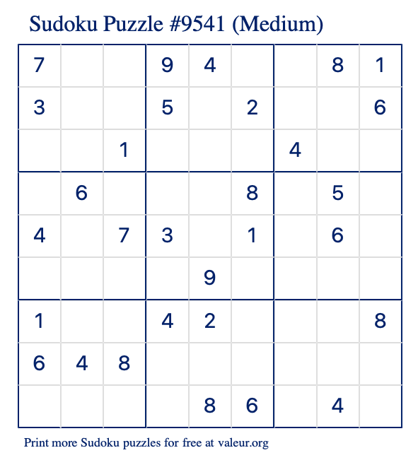 Free Printable Medium Sudoku Puzzle number 9541