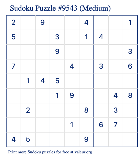 Free Printable Medium Sudoku Puzzle number 9543