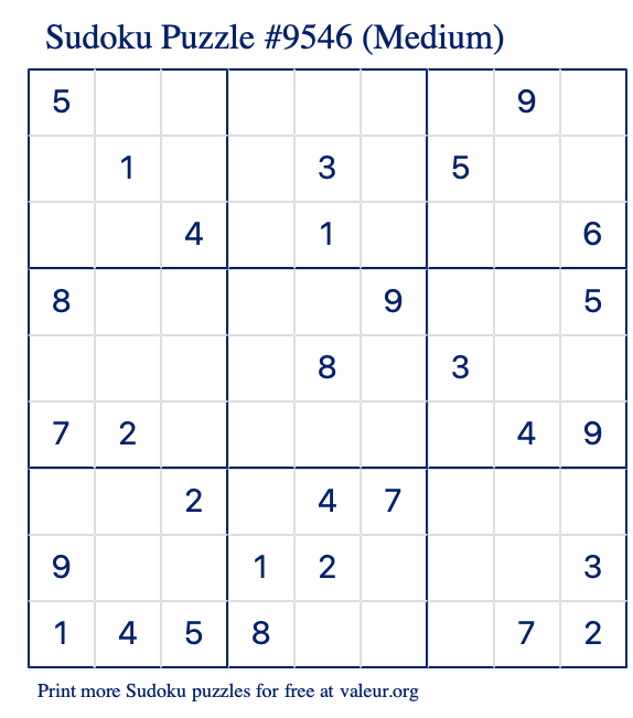 Free Printable Medium Sudoku Puzzle number 9546