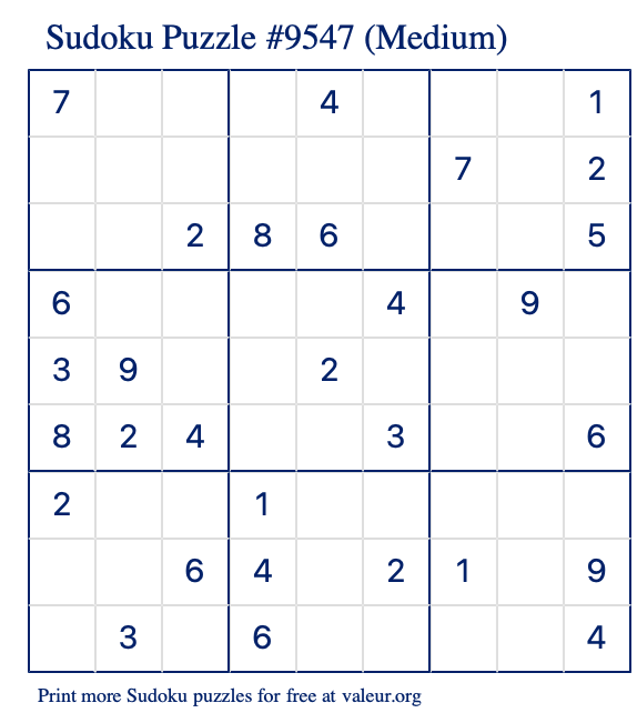 Free Printable Medium Sudoku Puzzle number 9547