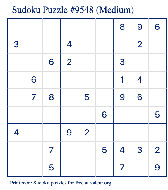 Free Printable Medium Sudoku Puzzle number 9548