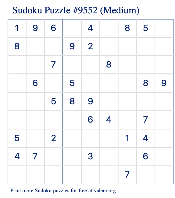 Free Printable Medium Sudoku Puzzle number 9552