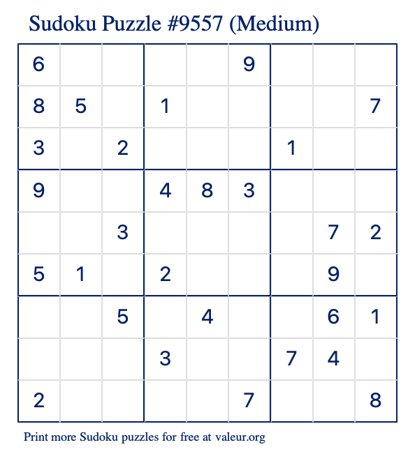 Free Printable Medium Sudoku Puzzle number 9557