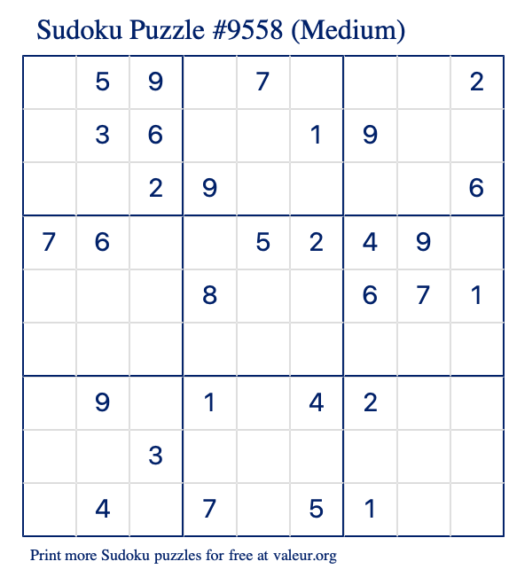 Free Printable Medium Sudoku Puzzle number 9558