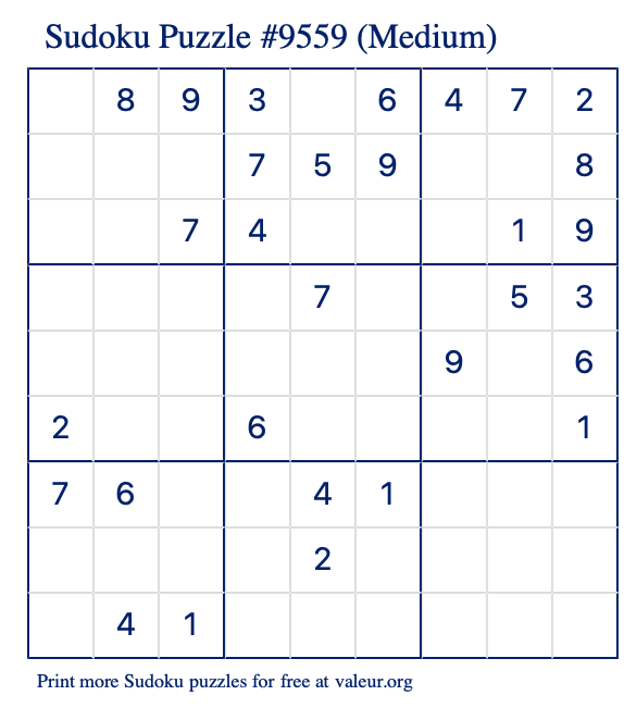 Free Printable Medium Sudoku Puzzle number 9559