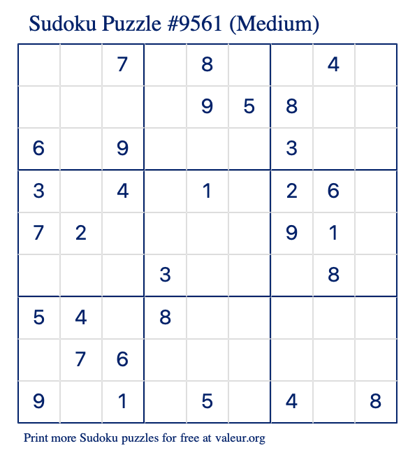 Free Printable Medium Sudoku Puzzle number 9561