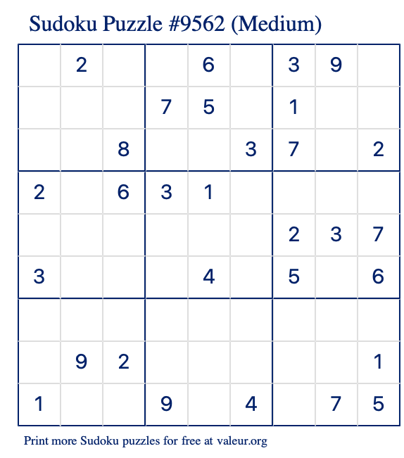Free Printable Medium Sudoku Puzzle number 9562