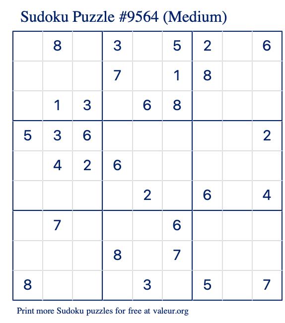 Free Printable Medium Sudoku Puzzle number 9564