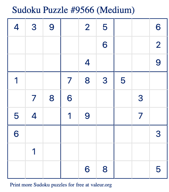 Free Printable Medium Sudoku Puzzle number 9566