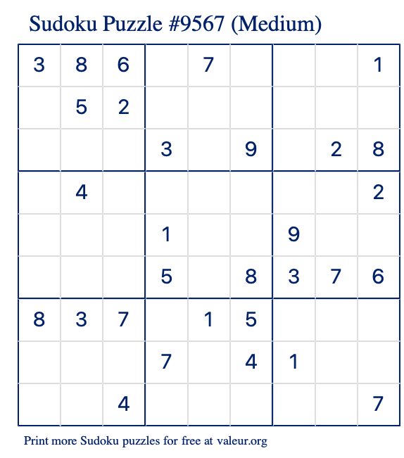 Free Printable Medium Sudoku Puzzle number 9567