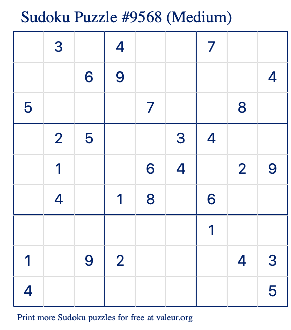 Free Printable Medium Sudoku Puzzle number 9568