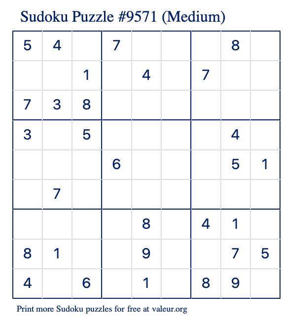 Free Printable Medium Sudoku Puzzle number 9571