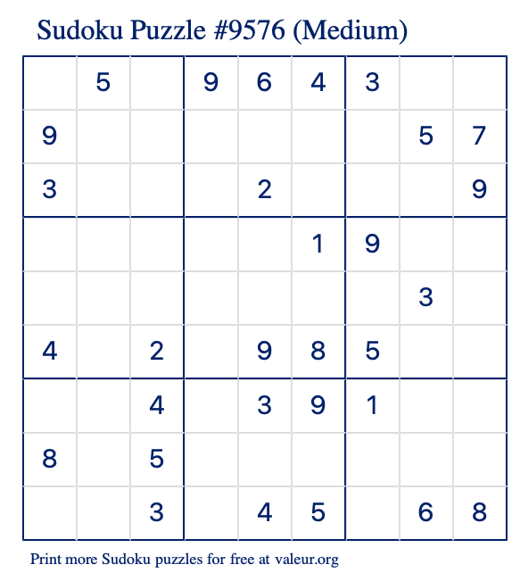 Free Printable Medium Sudoku Puzzle number 9576