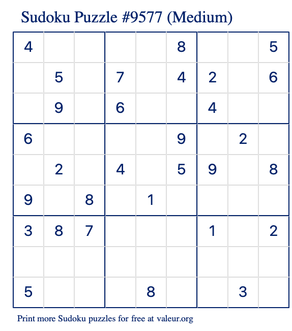 Free Printable Medium Sudoku Puzzle number 9577