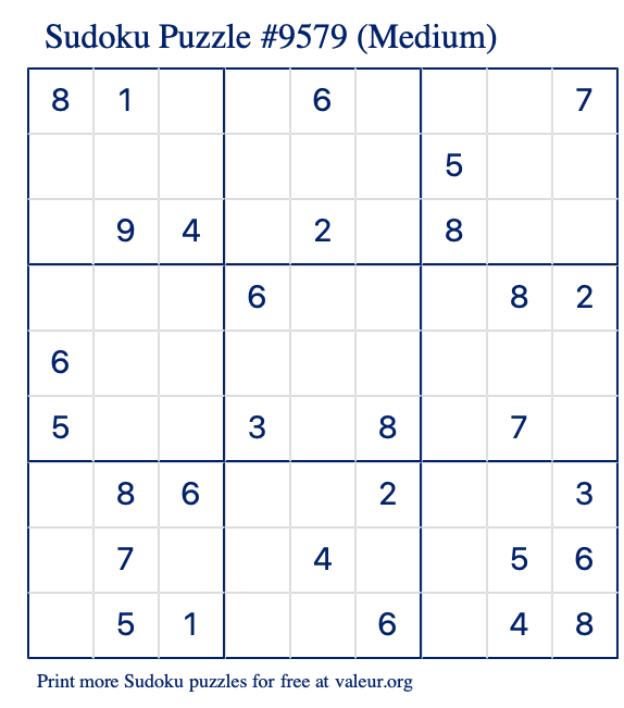 Free Printable Medium Sudoku Puzzle number 9579