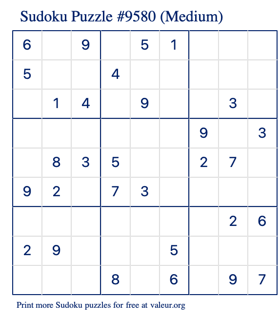 Free Printable Medium Sudoku Puzzle number 9580