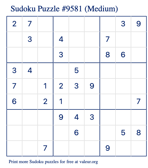 Free Printable Medium Sudoku Puzzle number 9581