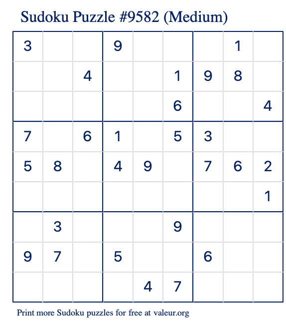 Free Printable Medium Sudoku Puzzle number 9582