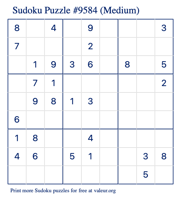 Free Printable Medium Sudoku Puzzle number 9584