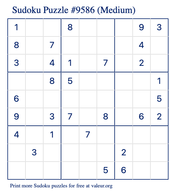 Free Printable Medium Sudoku Puzzle number 9586