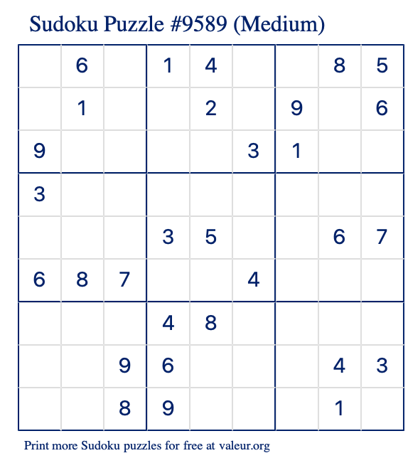 Free Printable Medium Sudoku Puzzle number 9589