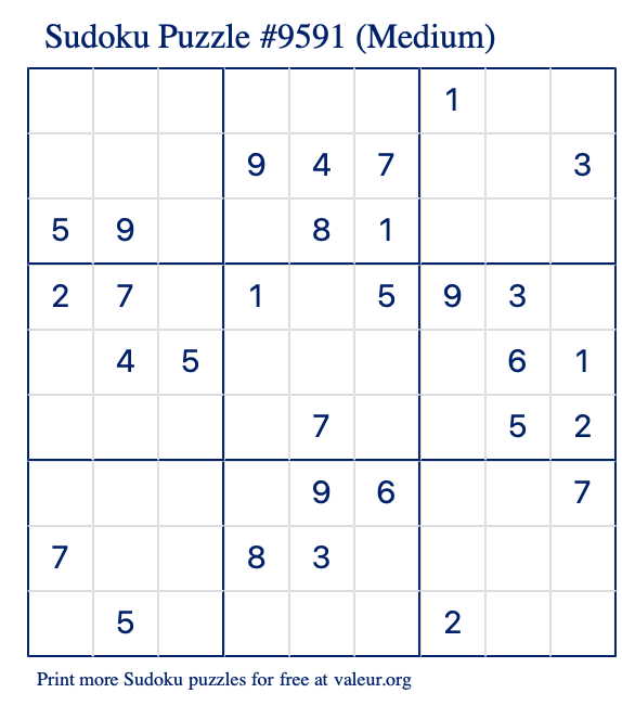 Free Printable Medium Sudoku Puzzle number 9591