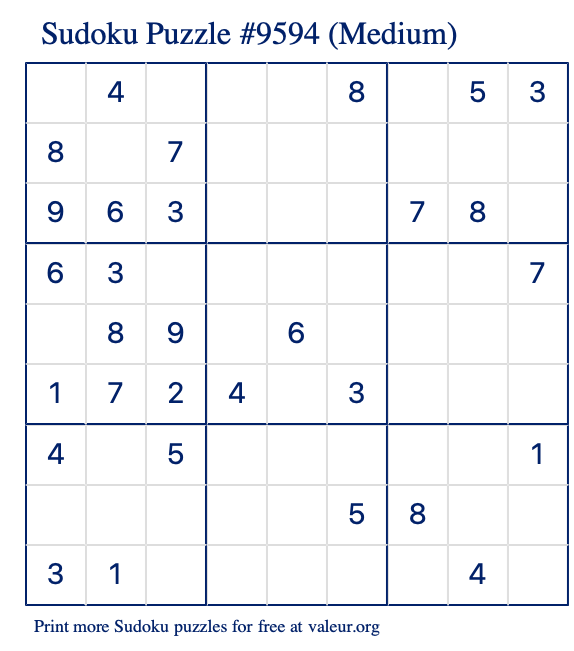 Free Printable Medium Sudoku Puzzle number 9594