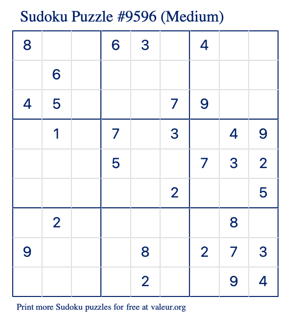 Free Printable Medium Sudoku Puzzle number 9596