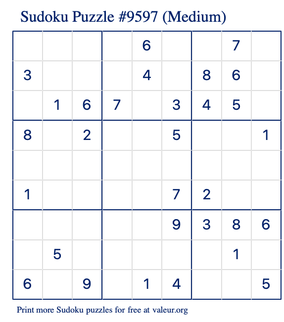Free Printable Medium Sudoku Puzzle number 9597