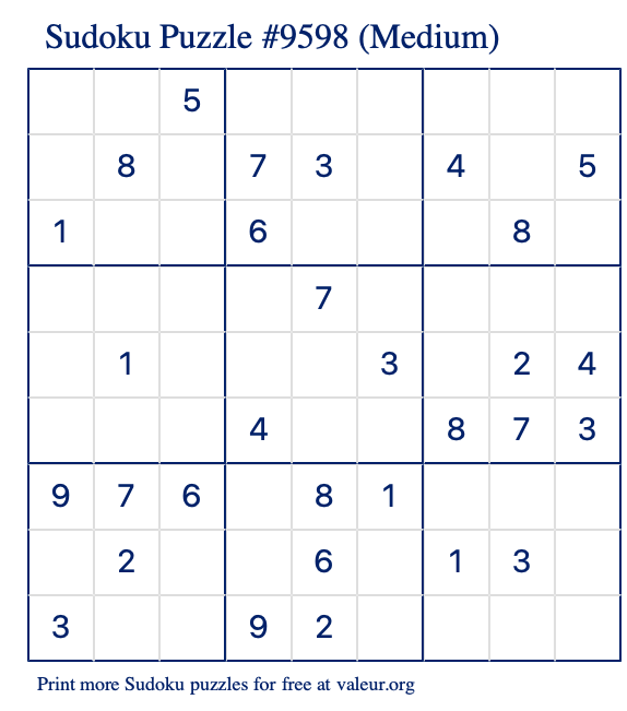 Free Printable Medium Sudoku Puzzle number 9598
