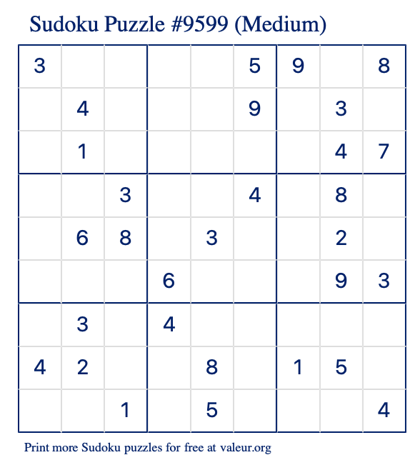 Free Printable Medium Sudoku Puzzle number 9599