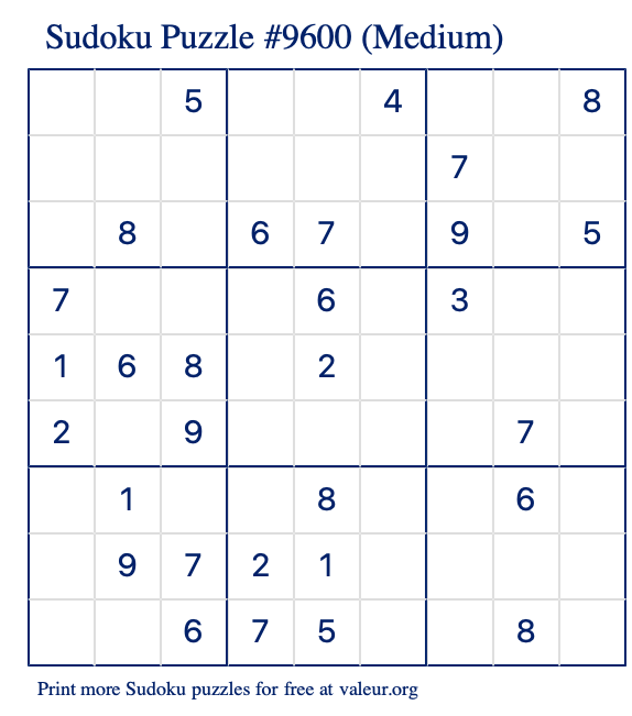 Free Printable Medium Sudoku Puzzle number 9600