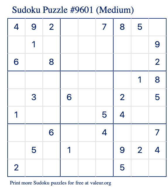 Free Printable Medium Sudoku Puzzle number 9601