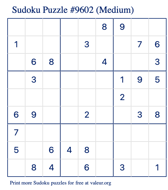 Free Printable Medium Sudoku Puzzle number 9602