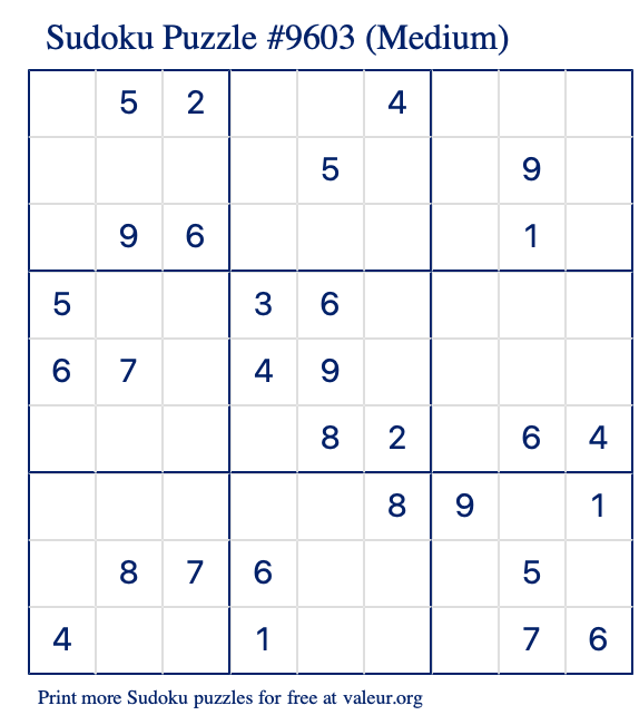 Free Printable Medium Sudoku Puzzle number 9603