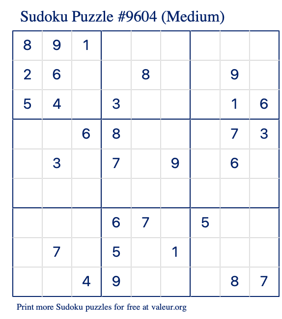 Free Printable Medium Sudoku Puzzle number 9604