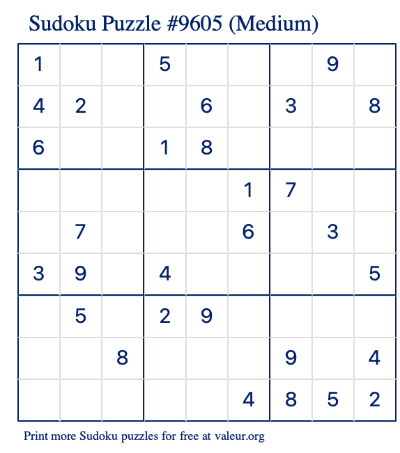 Free Printable Medium Sudoku Puzzle number 9605