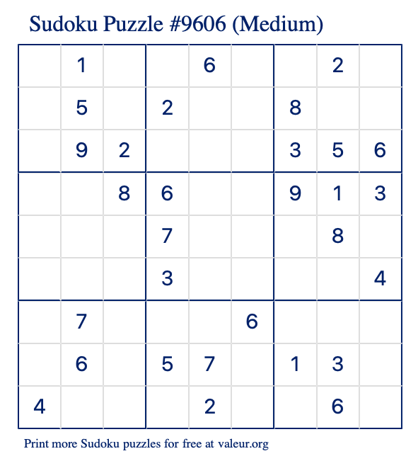 Free Printable Medium Sudoku Puzzle number 9606