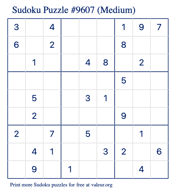 Free Printable Medium Sudoku Puzzle number 9607