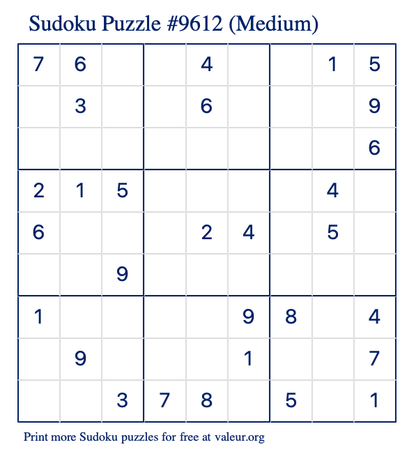 Free Printable Medium Sudoku Puzzle number 9612