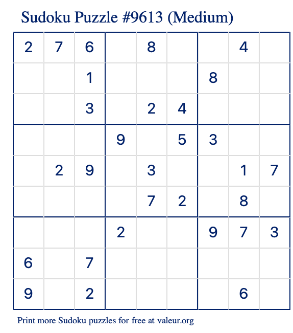 Free Printable Medium Sudoku Puzzle number 9613