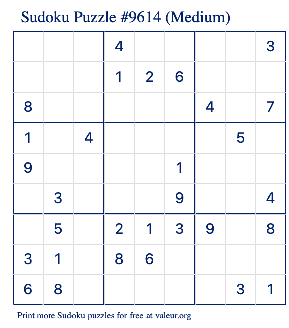 Free Printable Medium Sudoku Puzzle number 9614
