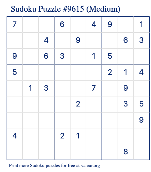 Free Printable Medium Sudoku Puzzle number 9615