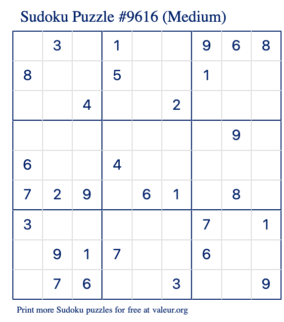 Free Printable Medium Sudoku Puzzle number 9616