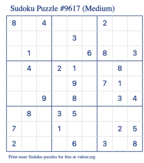 Free Printable Medium Sudoku Puzzle number 9617