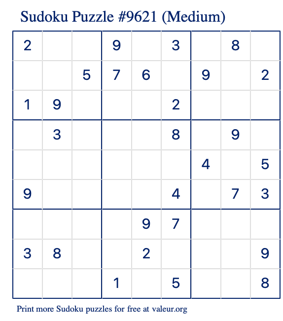 Free Printable Medium Sudoku Puzzle number 9621