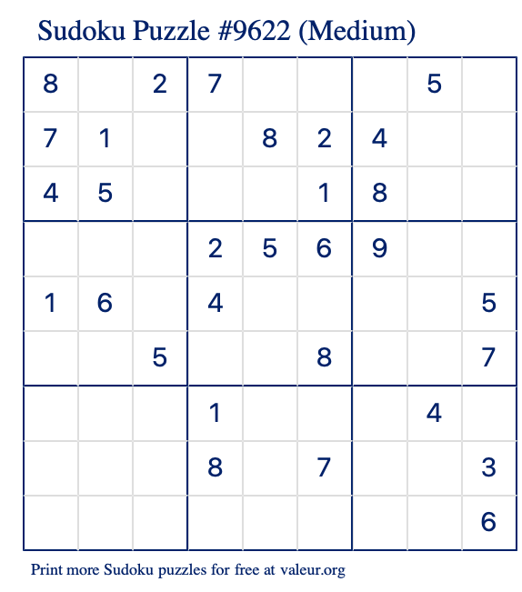 Free Printable Medium Sudoku Puzzle number 9622