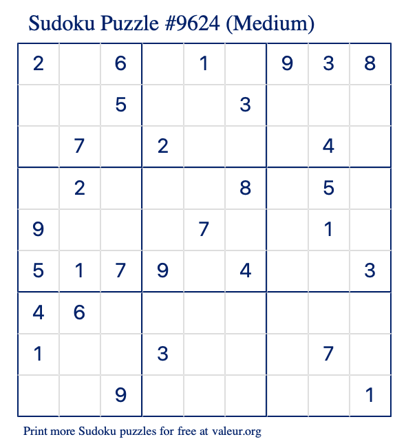 Free Printable Medium Sudoku Puzzle number 9624