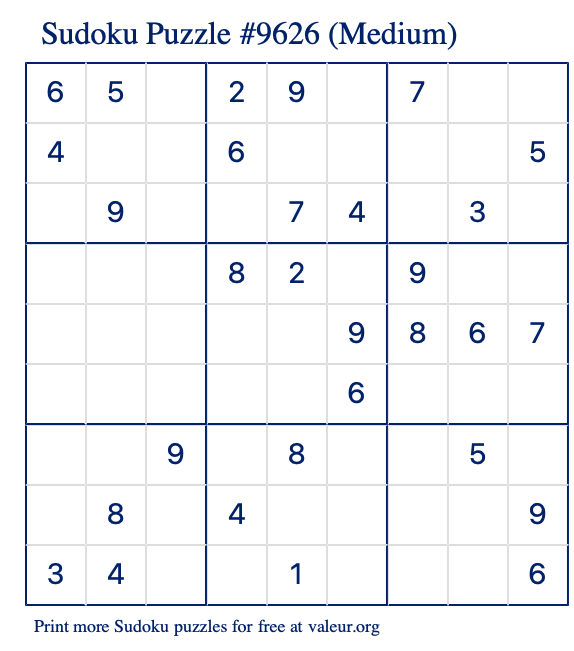 Free Printable Medium Sudoku Puzzle number 9626