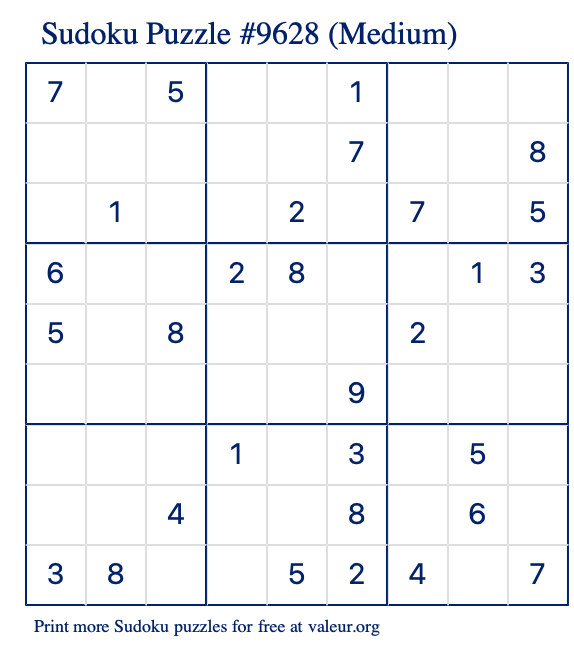 Free Printable Medium Sudoku Puzzle number 9628